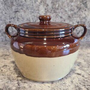 Vintage Stoneware Bean Pot w/ Lid & Double Handles